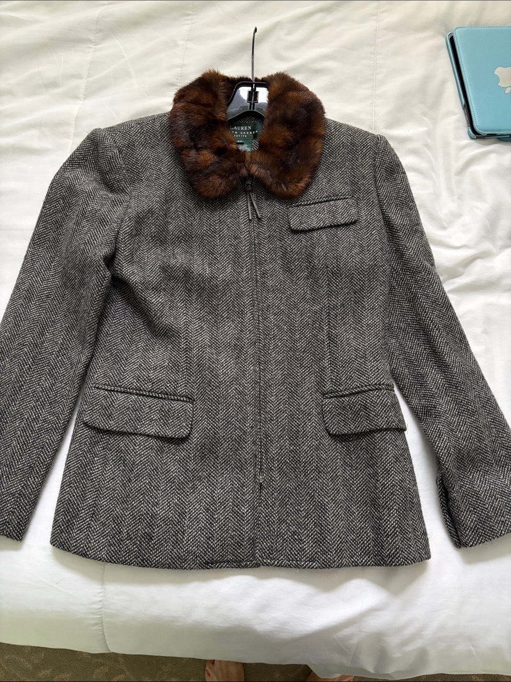 Lauren Ralph Lauren Gray Herringbone Jacket with Brown Fur Collar